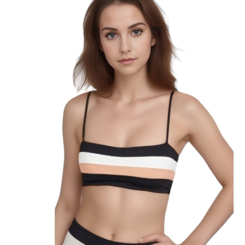 L*Space Rebel Stripe Bikini Top in Black/Cream/Chestnut NWT Size XS